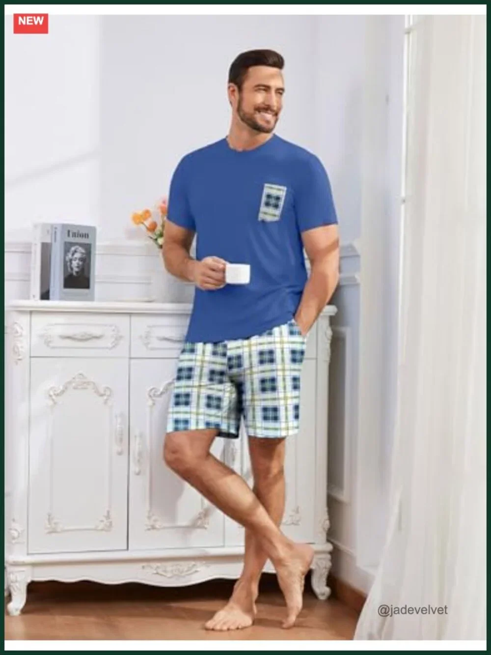 Cotton Blend 2 Piece Plaid Pajama Set Short Sleeve & Shorts